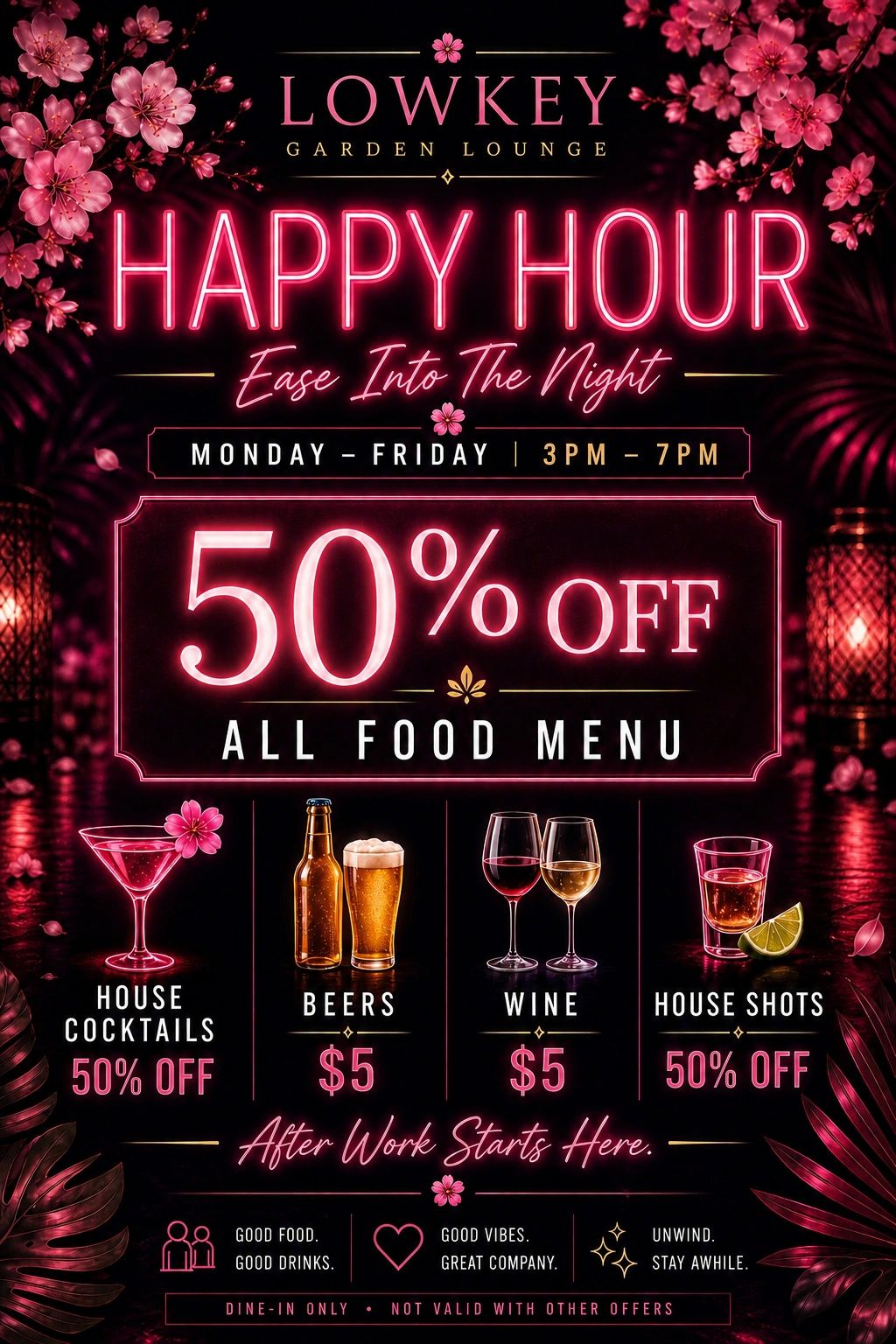 Happy Hour, Lowkey, Forest Hills, 50% Off, Food, House Cocktails, Beers, Wine, House Shots, Queens, 