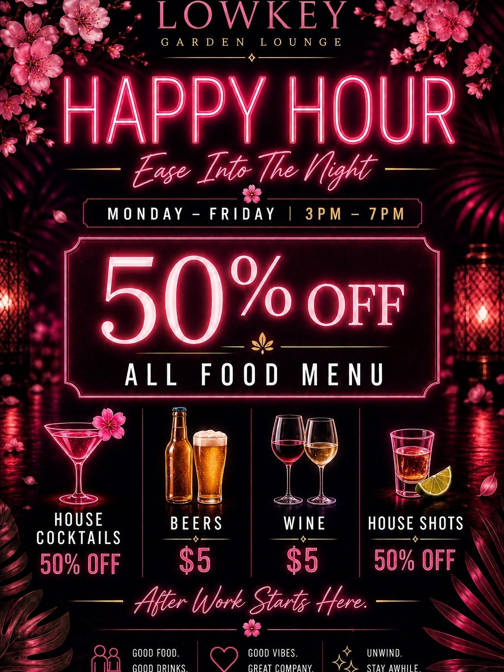 Happy Hour, Lowkey, Forest Hills, 50% Off, Food, House Cocktails, Beers, Wine, House Shots, Queens, 