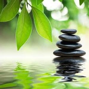 Stack of small black rocks in shallow water.