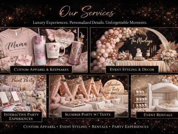 Luxury event services including custom apparel, decor, and party experiences.