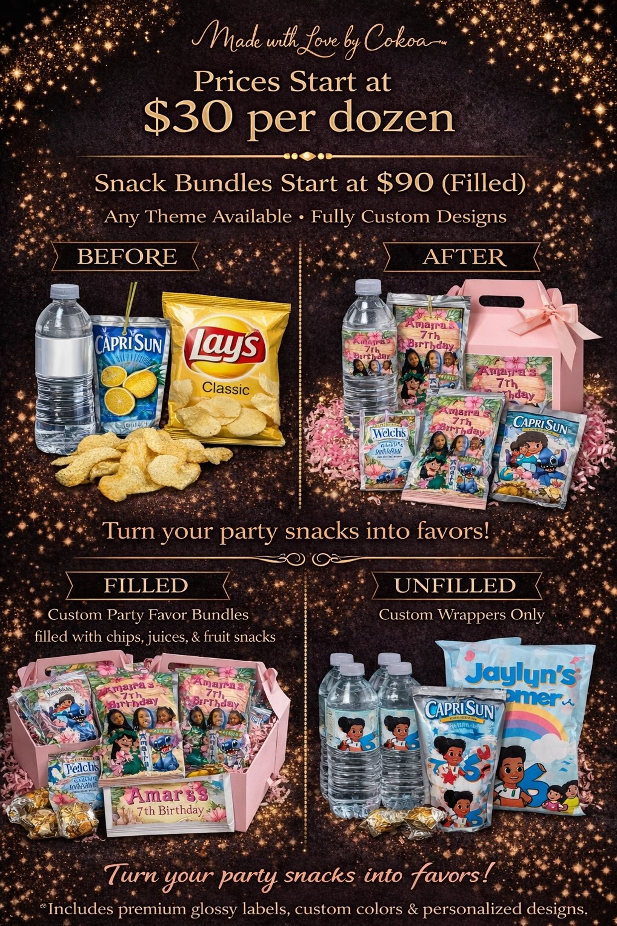Custom party snack favors with personalized wrappers and bundles starting at $30 per dozen.
