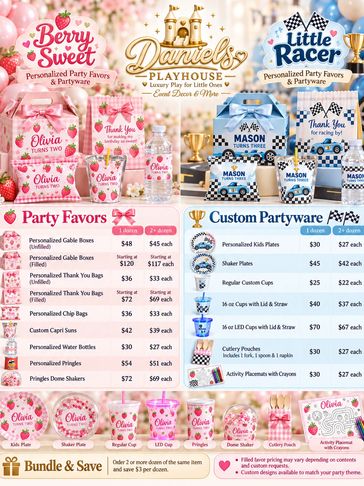 Party favors and custom partyware for Berry Sweet and Little Racer themes.
