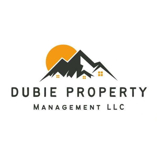 Logo for Dubie Property Management LLC with mountains and sun.