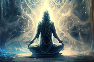Akashic Record reader cross-legged facing energy swirls