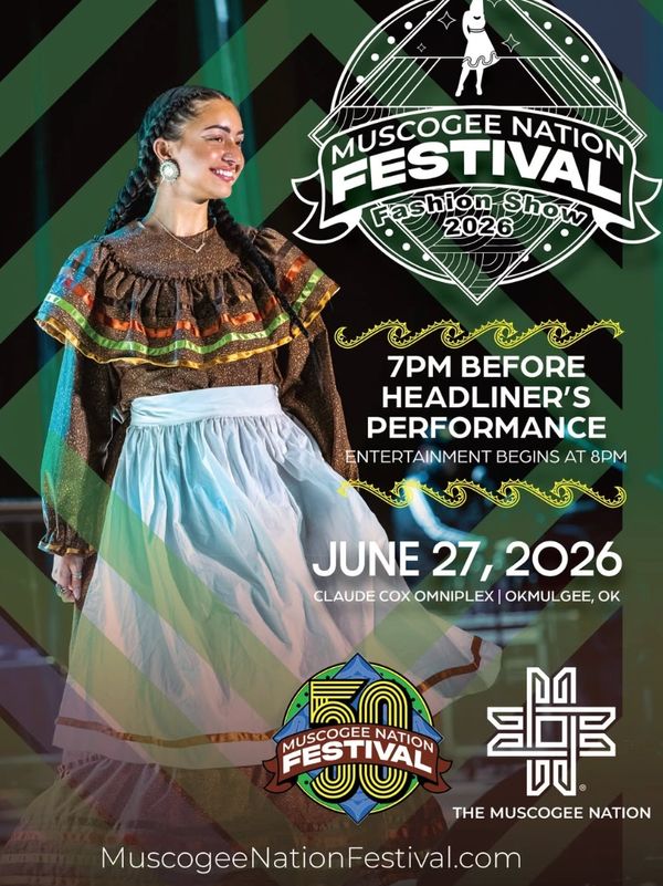 Woman in traditional dress at Muscogee Nation Festival Fashion Show 2026.