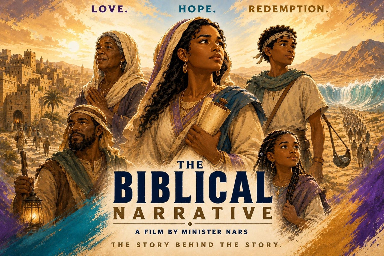 Illustrated movie poster for 'The Biblical Narrative' showing biblical characters and parted sea.