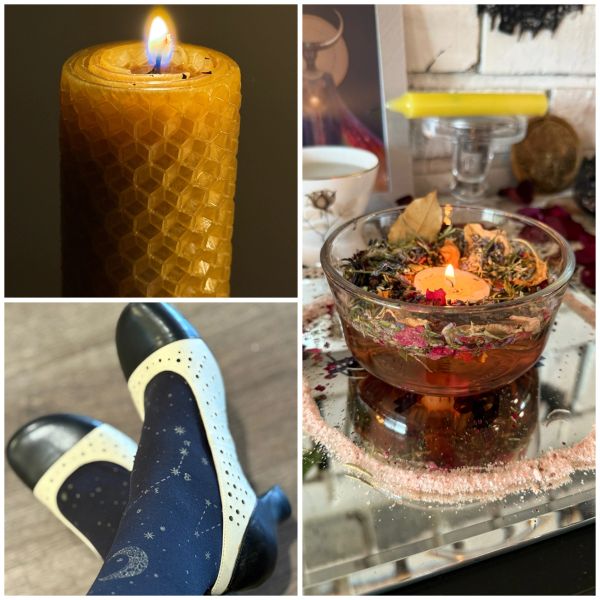 Beeswax candle, celestial-themed shoes, and a decorative candle centerpiece.