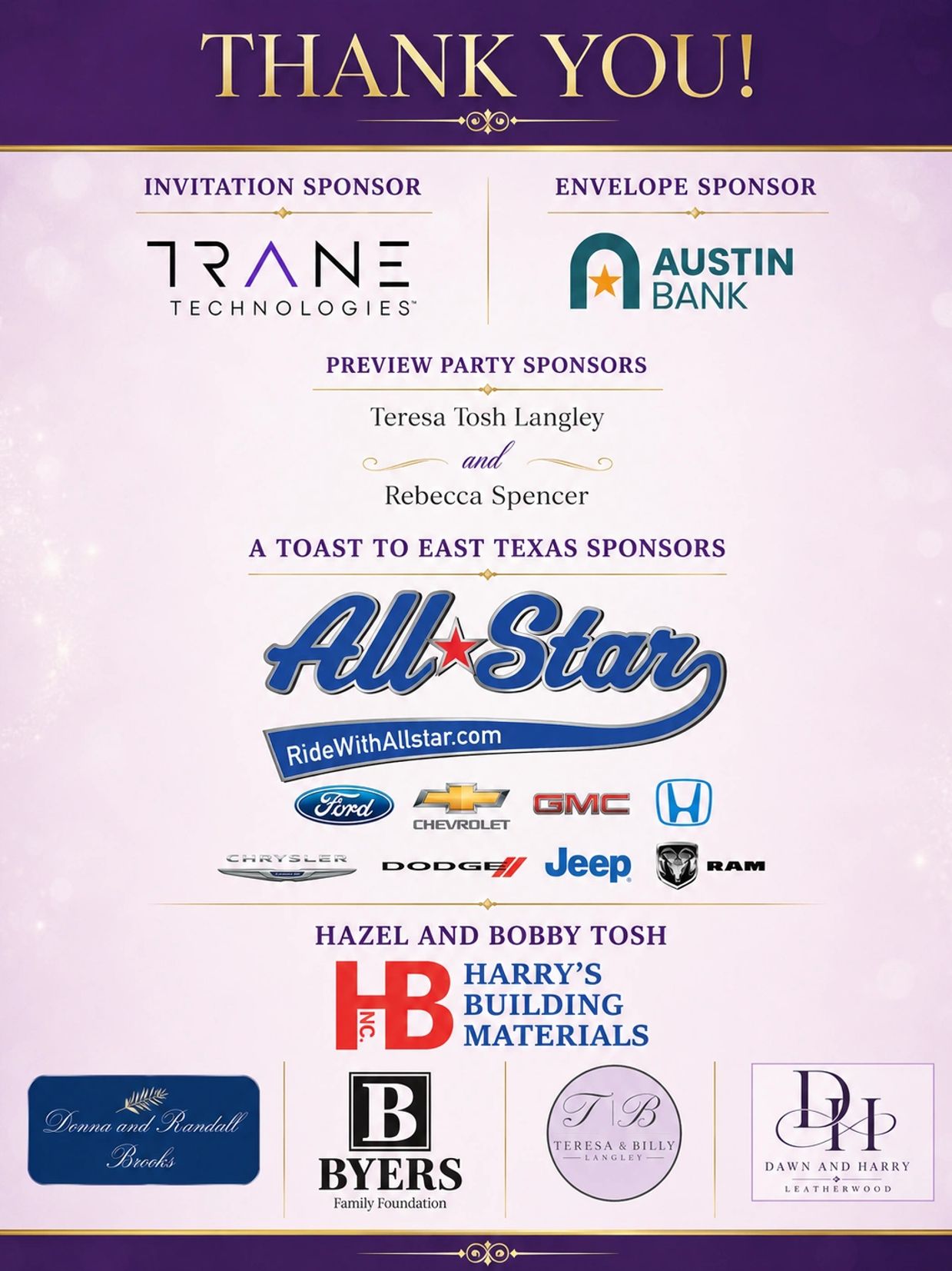 Thank you to sponsors including Trane Technologies and Austin Bank.