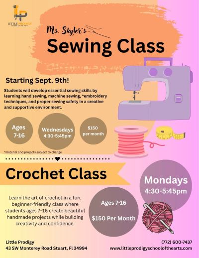 Flyer for Mr. Skyler's sewing and crochet classes starting September 9th.