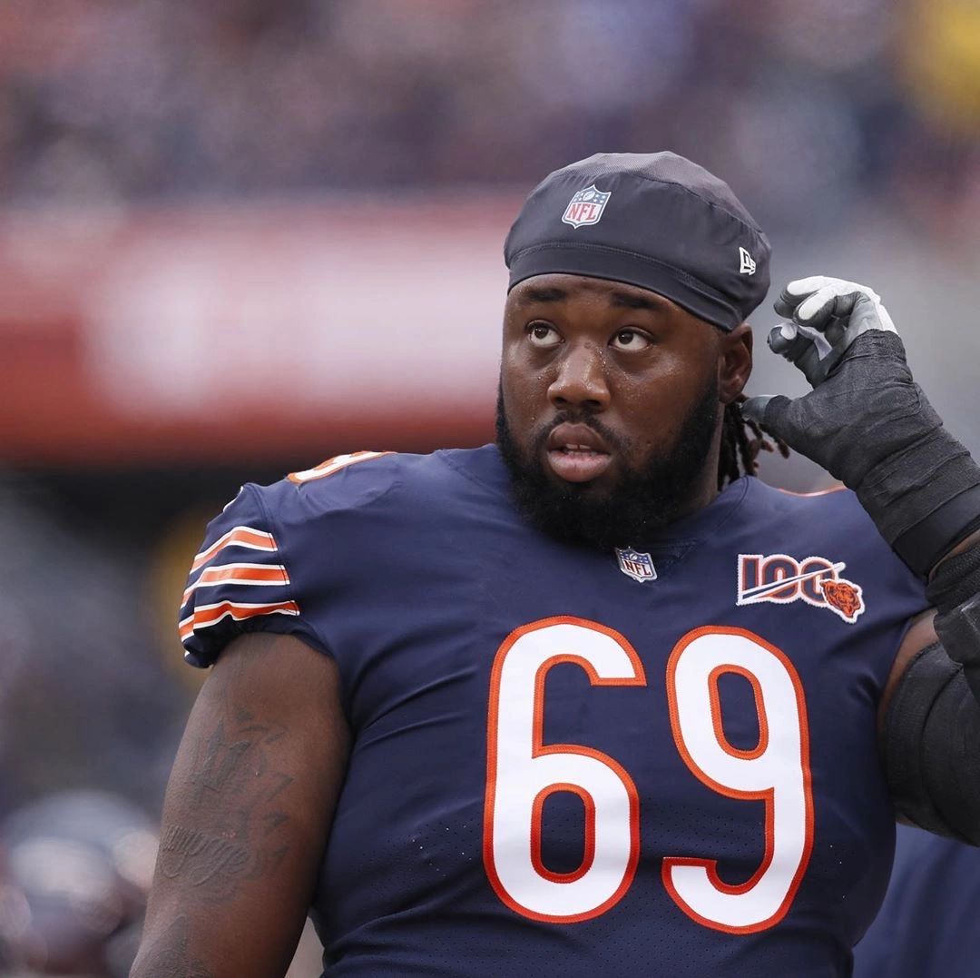 Chicago Bears offensive tackle Rashaad Coward (69) looks on