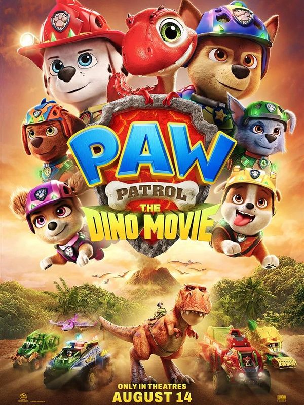 Poster for Paw Patrol: The Dino Movie featuring animated pups and a dinosaur.