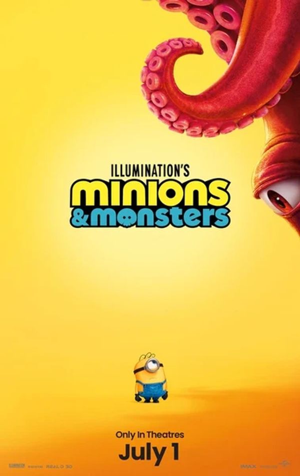 Movie poster for Illumination's Minions &amp; Monsters featuring a minion and a giant octopus tentacle.
