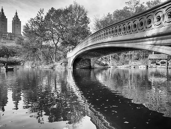 An ornate bridge over water with autumn trees and city buildings in the background.