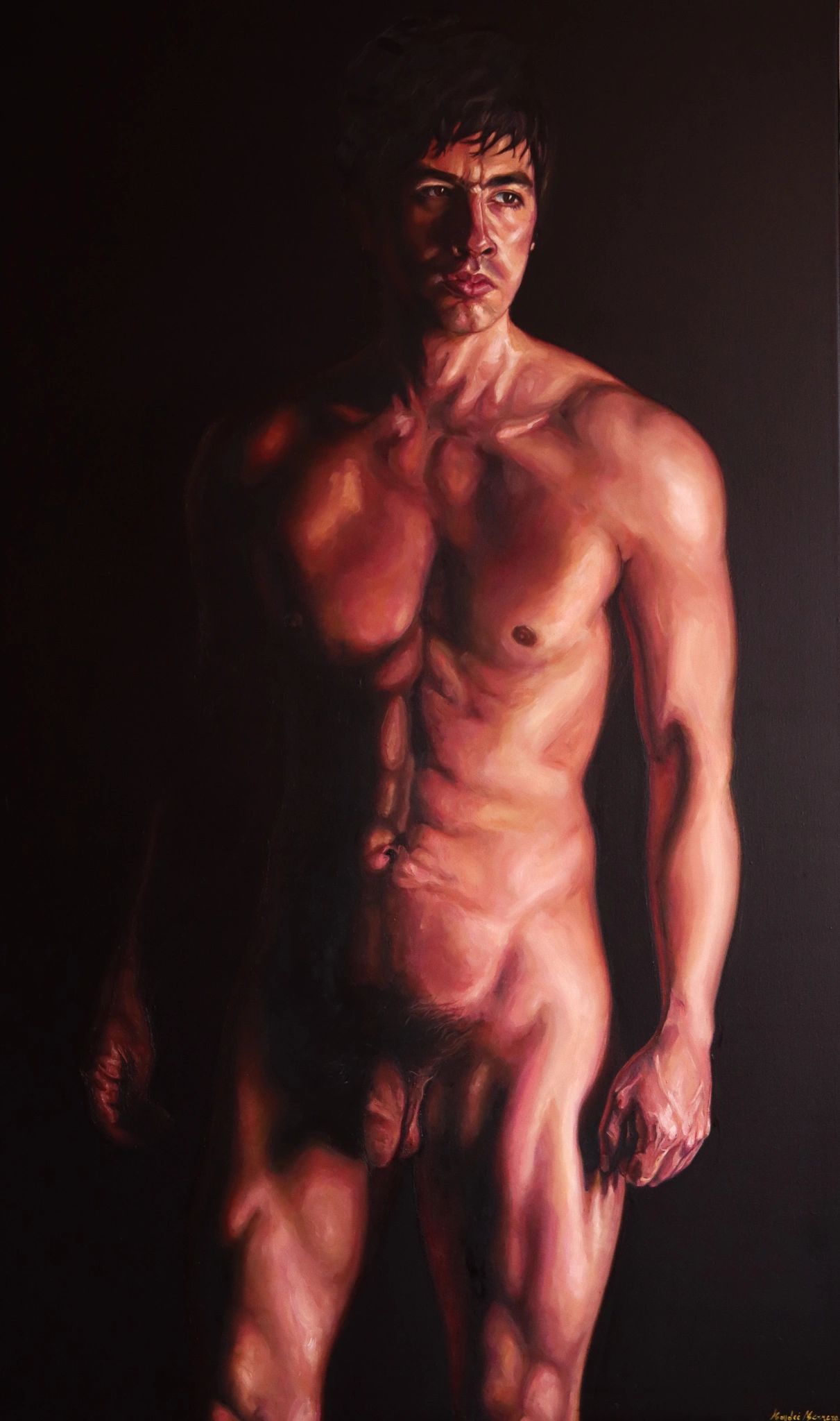 Realistic painting of a muscular nude man in dramatic lighting.