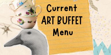 Art buffet menu with teacups and a bird illustration.