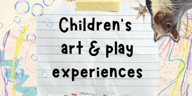 Children's art and play experiences sign with cat and bubbles.