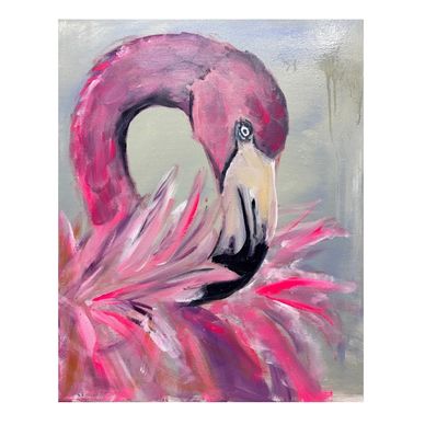 Pink flamingo painting with arching neck.