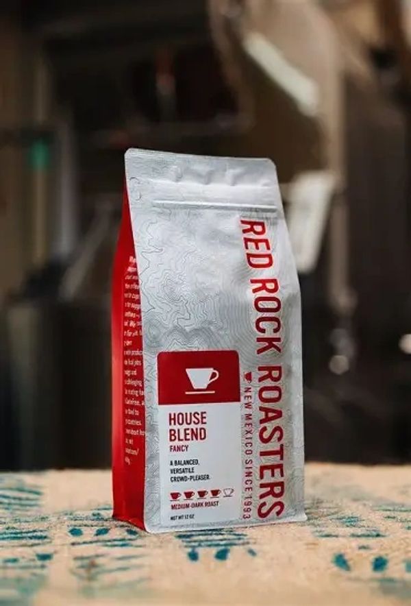 Bag of Red Rock Roasters House Blend medium-dark roast coffee.