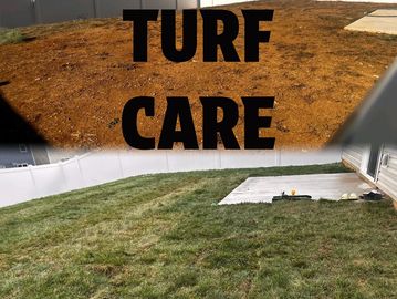 comparison of before and after. First is a bare dirt yard. Second is fresh sod laid 
