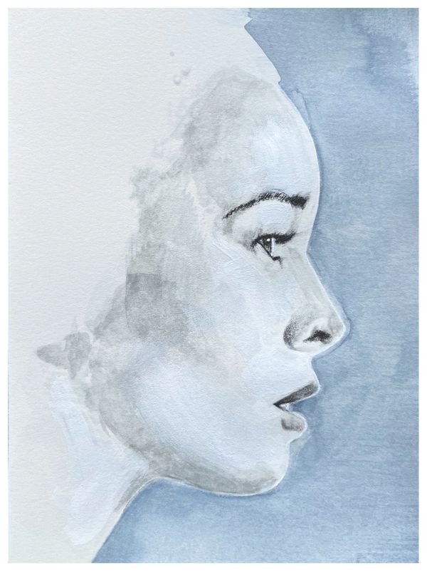 Watercolor profile portrait of a woman with soft blue and gray hues.
