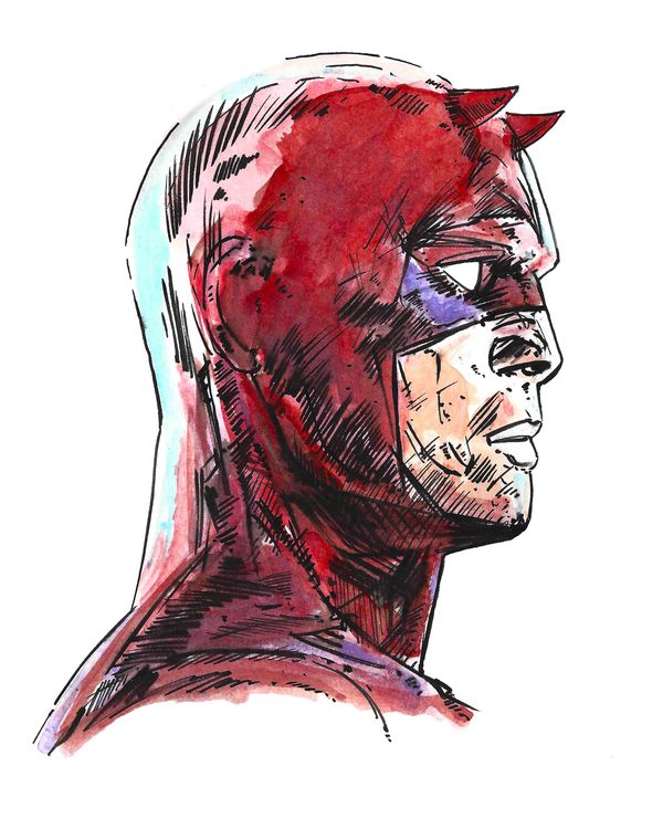 Profile sketch of Daredevil with red mask and horns.