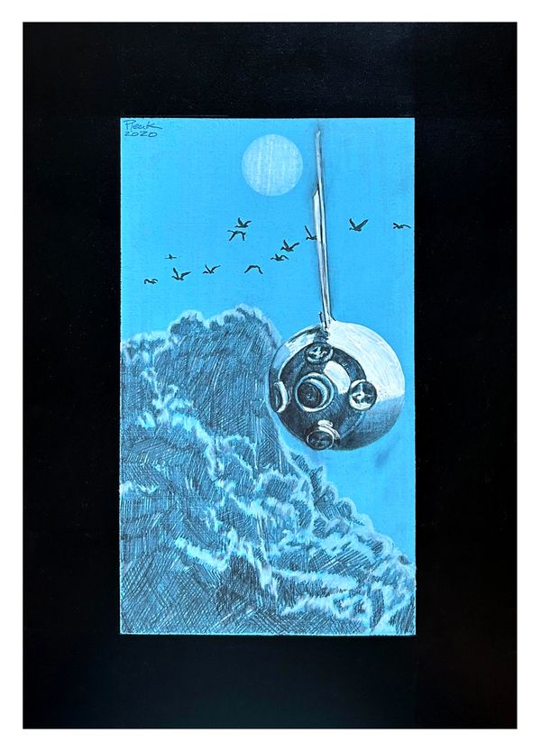 Surreal artwork of a hanging spherical object against a blue sky with birds and a moon.