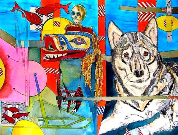 Colorful abstract painting featuring a wolf and tribal motifs.