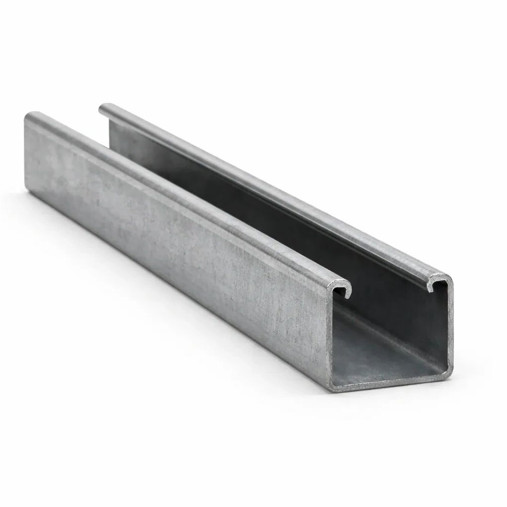 Galvanized steel U-channel with a smooth finish, isolated on white.