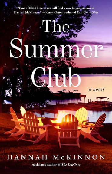Book cover of 'The Summer Club' by Hannah McKinnon with a lakeside campfire scene at sunset.