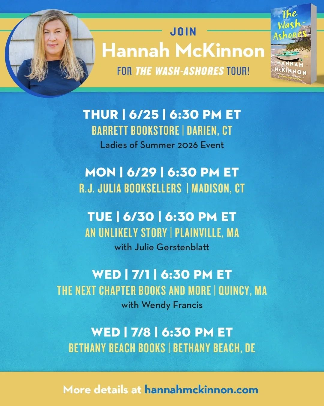 Hannah McKinnon book tour dates and locations for The Wash-Ashores.