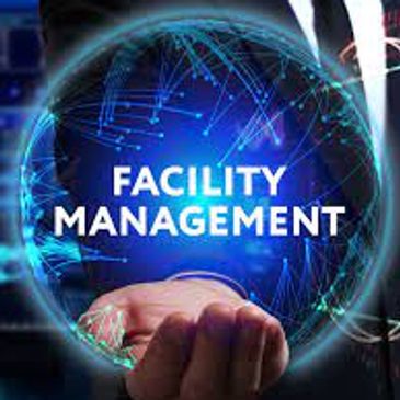Digital illustration of facility management concept with glowing network sphere.