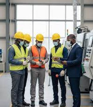 Group of engineers in safety gear discussing in a factory.