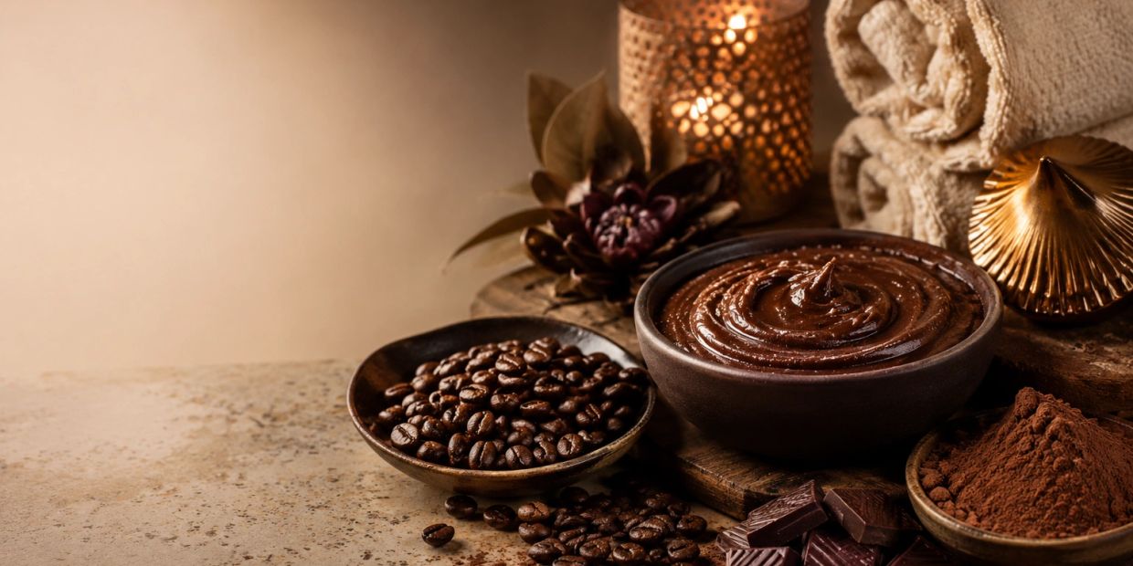Chocolate coffee spread with ingredients and spa elements.