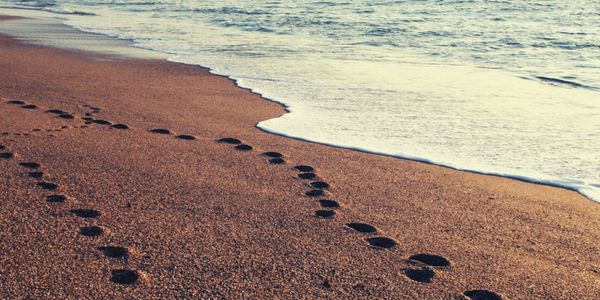 beach with two pairs of footprints in the sand