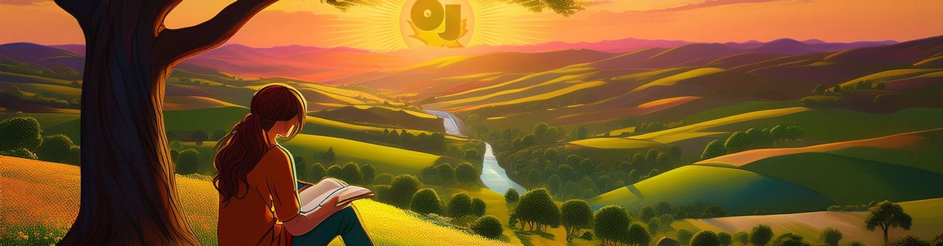 Woman reading under a tree and looking at the sunset.