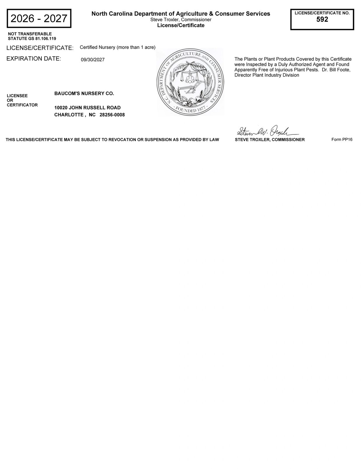 Certified Nursery license for Baucom's Nursery Co. in North Carolina, valid 2026-2027.