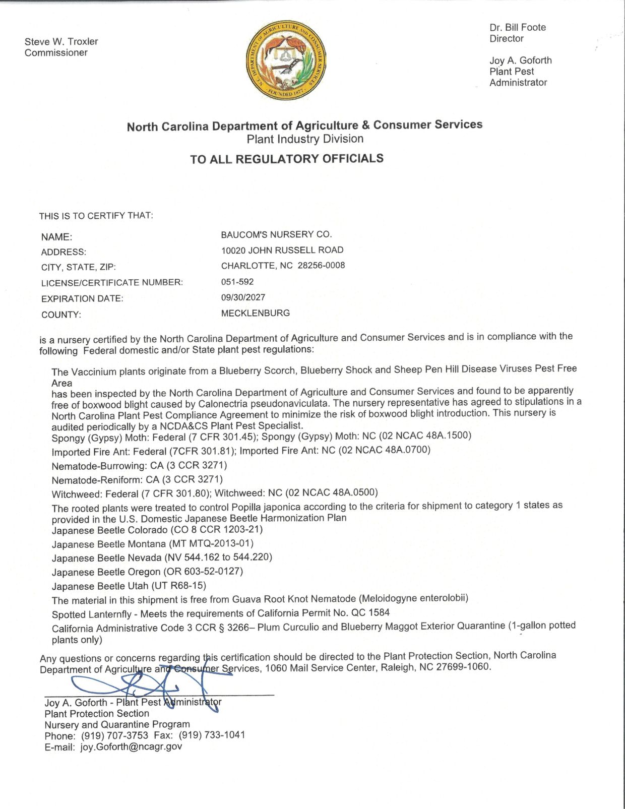 Certification for Baucom's Nursery Co. in Charlotte, NC, ensuring compliance with plant pest regulations.