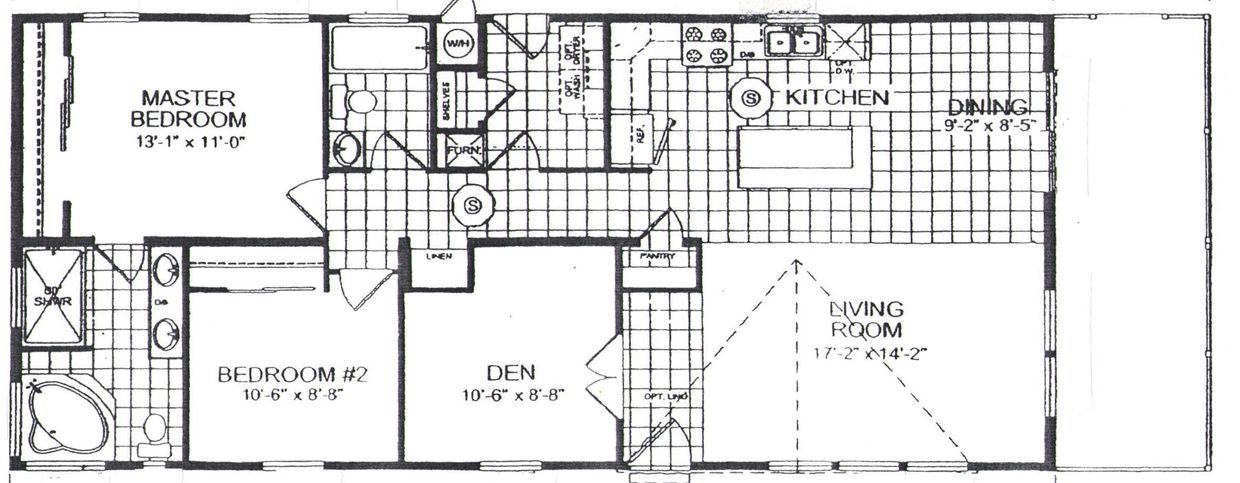 Floor plan of a house with master bedroom, two additional rooms, kitchen, dining, and living room.