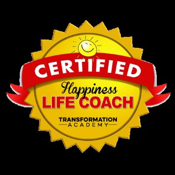 Certified Happiness Life Coach badge with a smiling sun.