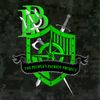 Green and black heraldic emblem with letters and shield.