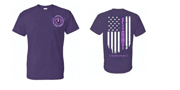 Purple t-shirt with a domestic violence awareness design.
