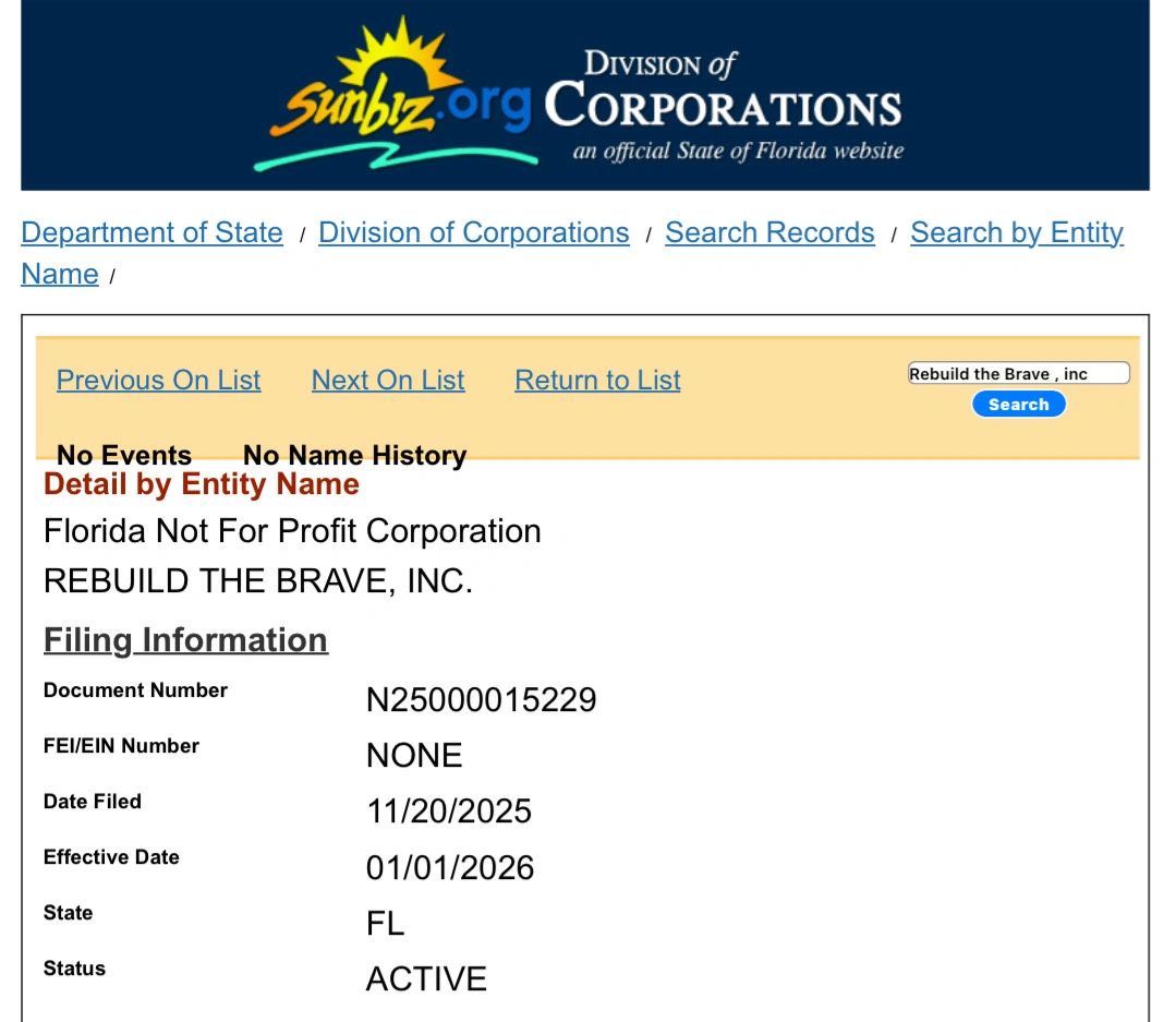 Florida not-for-profit corporation named REBUILD THE BRAVE, INC. listed as active.