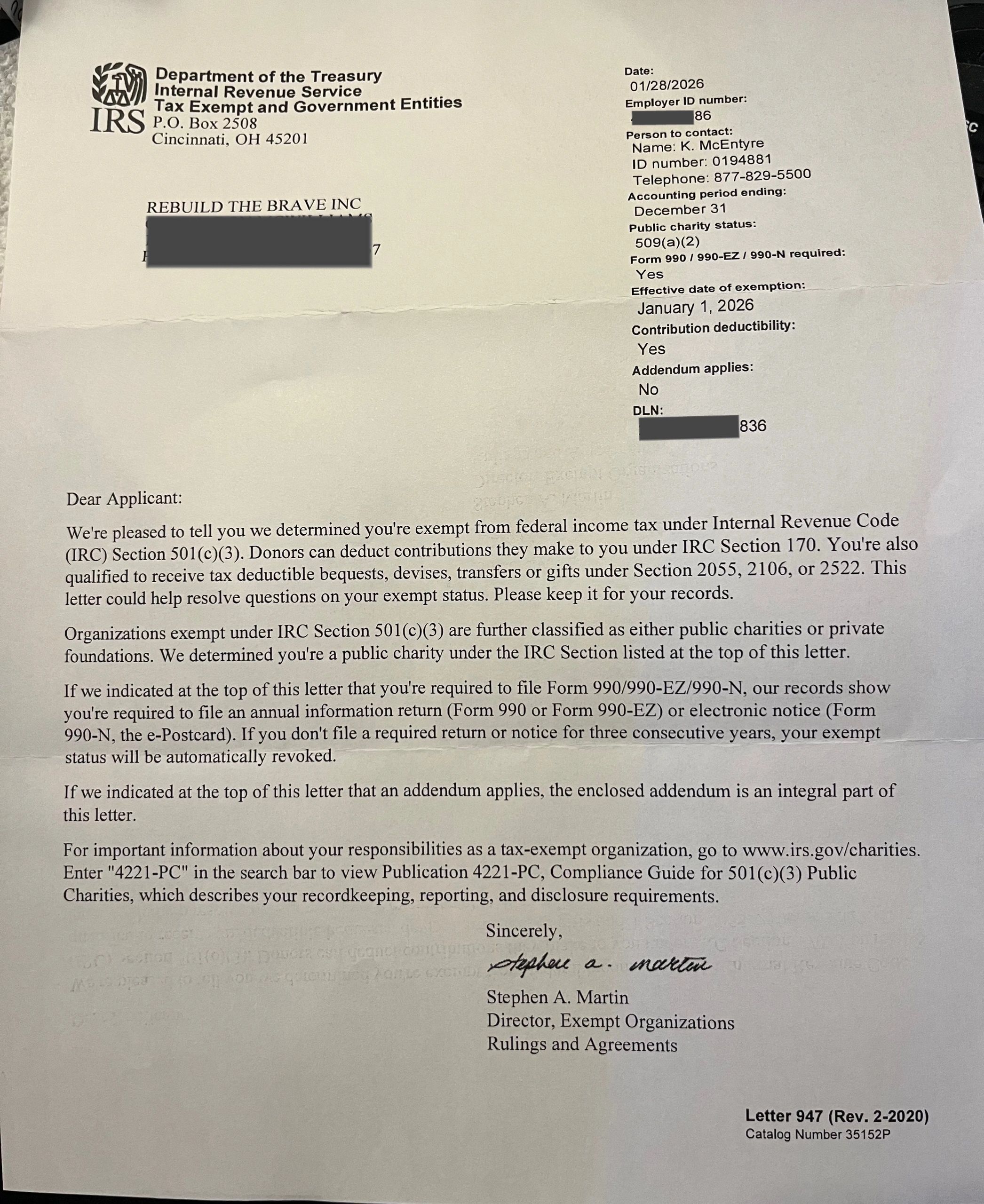 IRS letter confirming tax-exempt status for Rebuild The Brave Inc.