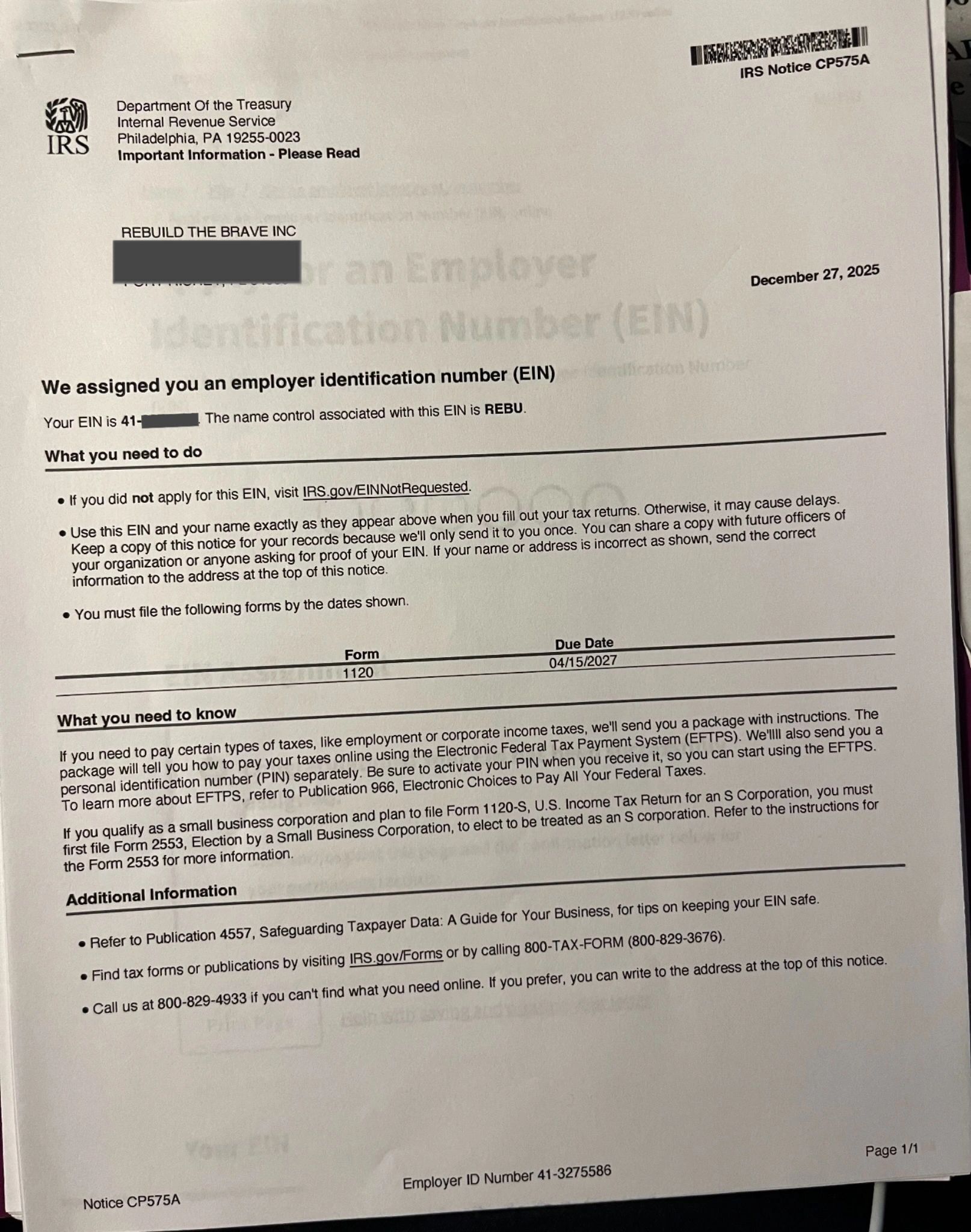 IRS letter assigning an Employer Identification Number (EIN) to Rebuild The Brave Inc.