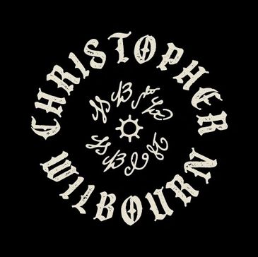 Circular vintage logo with gothic text and mysterious symbols.