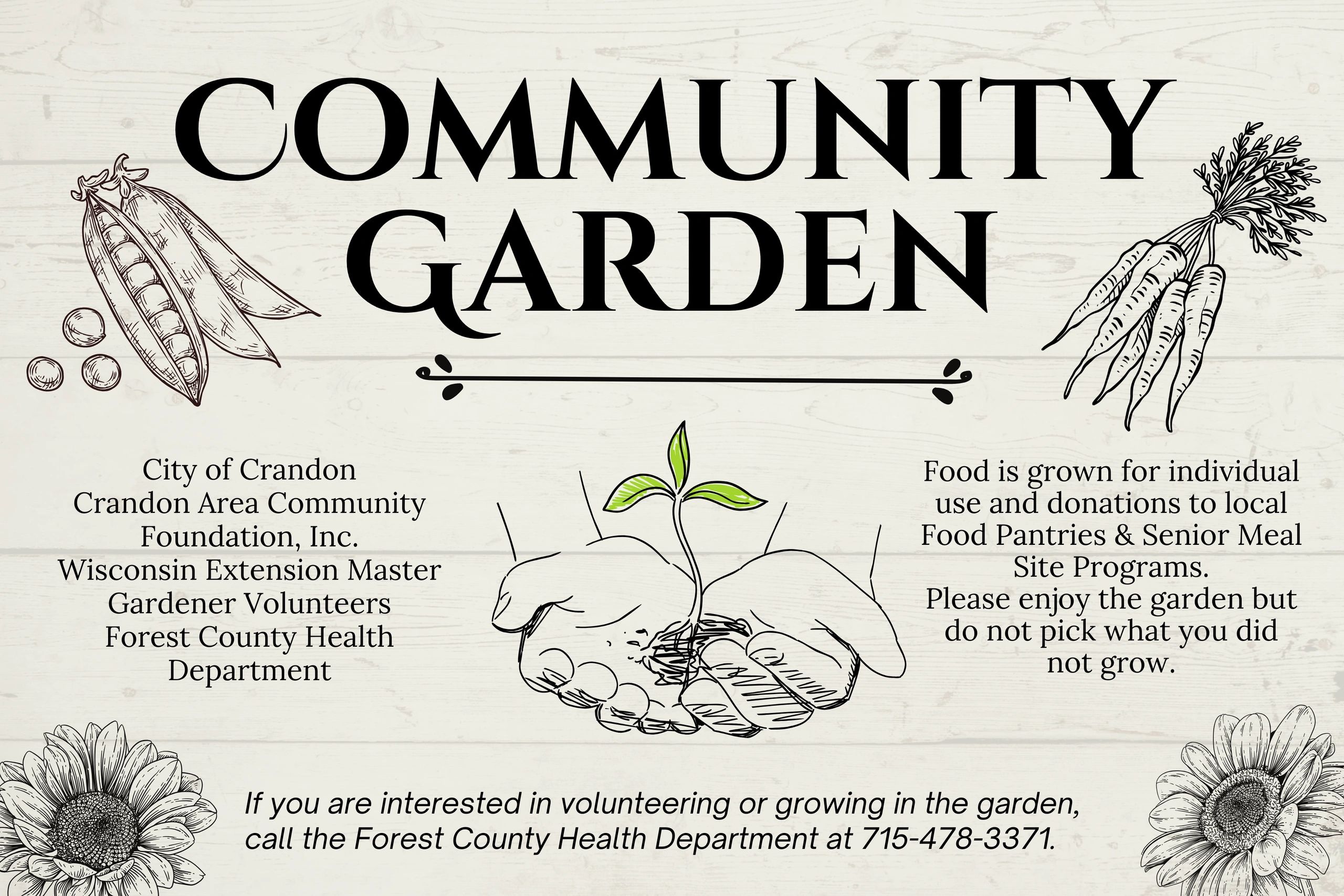 Community garden sign with illustrations of vegetables and hands holding a seedling.