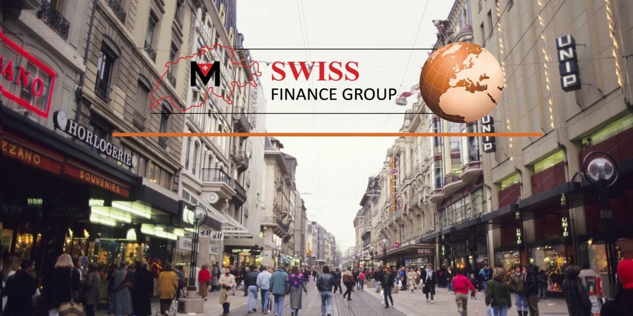 Busy Swiss street with people walking and shopping under Swiss Finance Group logo.