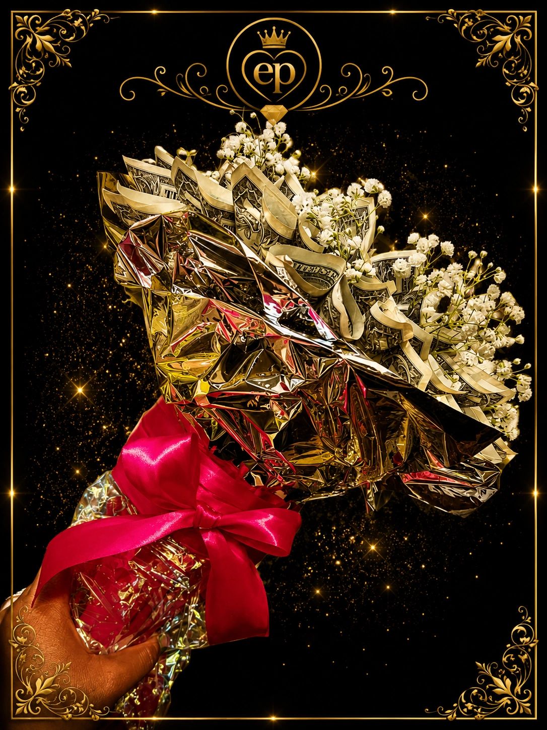 Elegant bouquet made of money and white flowers wrapped in shiny gold with a red bow.