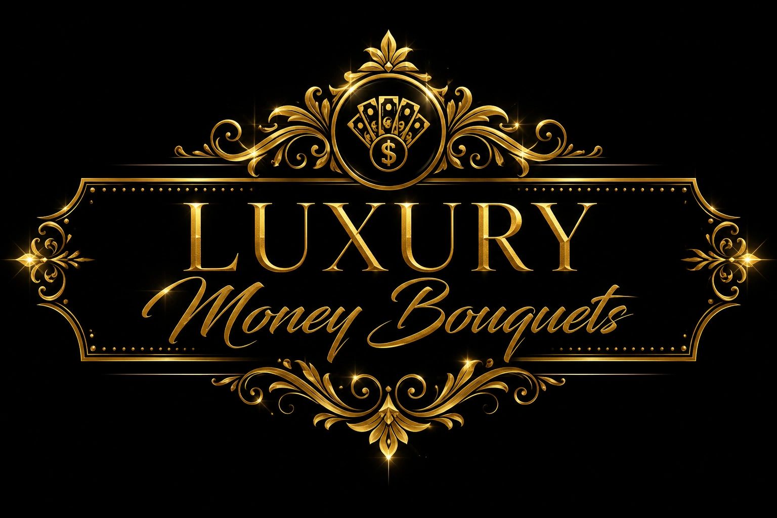 Elegant golden luxury money bouquets logo on black background.