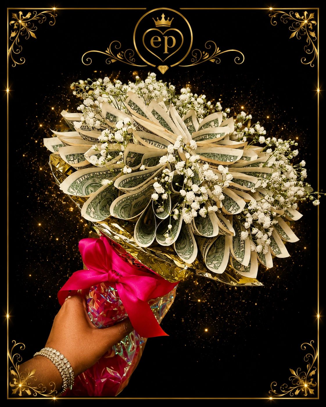 Bouquet made of dollar bills and small white flowers.